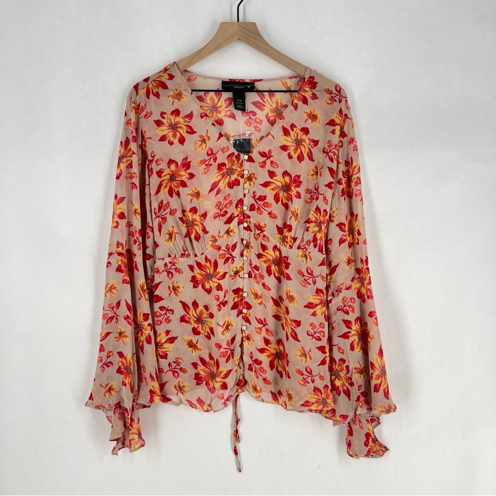 Venezia Sheer Chiffon Floral Blouse‎ Button Front V-Neck Flare Sleeve Boho 14/16